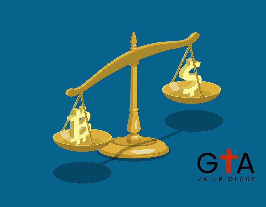 Flat 3d isometry isometric bitcoin exchange rate concept web infographics vector illustration. Bit coin and dollar sign on classic weights. Bitcoins collection.