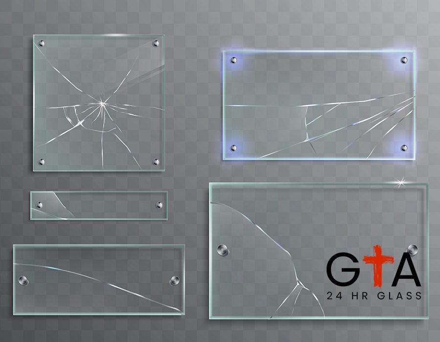 Vector illustration set of transparent glass plates with cracks, cracked panels with metal accessories isolated on translucent background