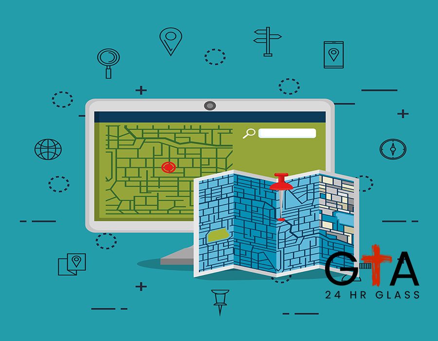 desktop computer with gps navigation software vector illustration design