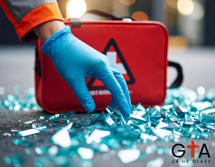Firefly_A gloved hand carefully picking up glass shards, with a warning sign and a first aid 110220
