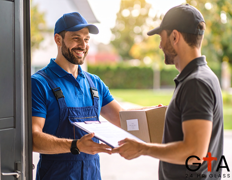 Firefly_A technician presenting credentials and a warranty certificate to a satisfied custome 85449