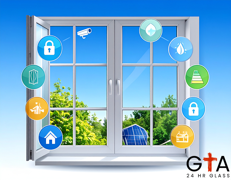 Firefly_Icons representing security, energy efficiency, durability, and aesthetics, arranged 352376