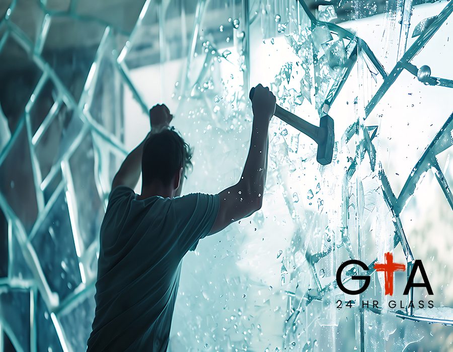 arafed man in a green shirt is fixing a broken glass window