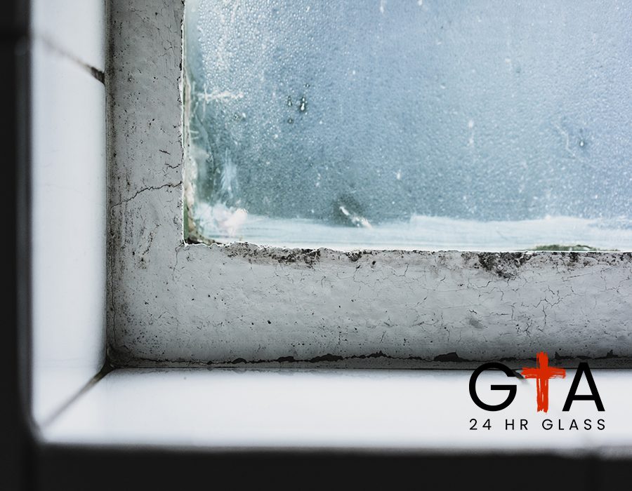 A closeup shot of a wild windowsill with an old window and the glass covered in frosting