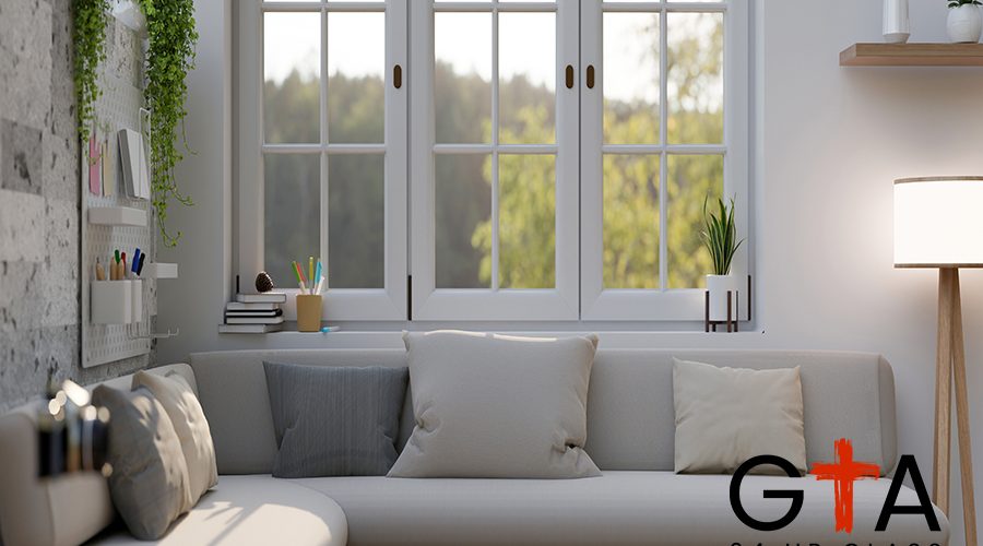 A comfortable corner couch against the wall and window, a floor lamp, a wall shelf, and decor in a modern white living room. 3d render, 3d illustration