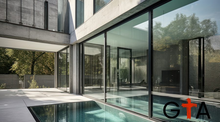 Design house - modern villa with open plan living and private bedroom wing. Large terrace with privacy and, swimming pool. Generative AI