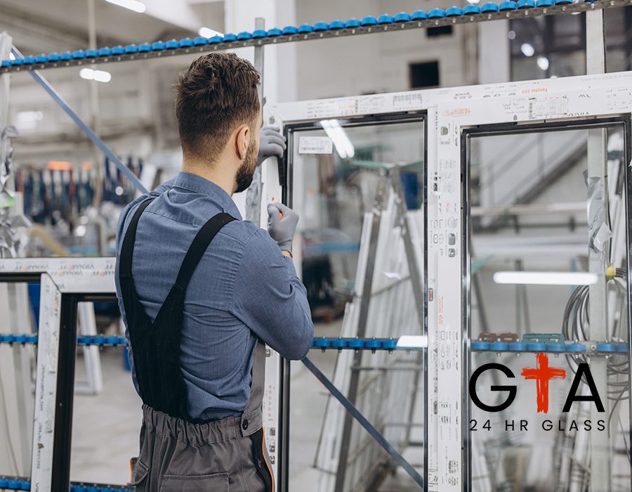 Factory worker wearing protective gloves assembling aluminum and pvc window frame in production line