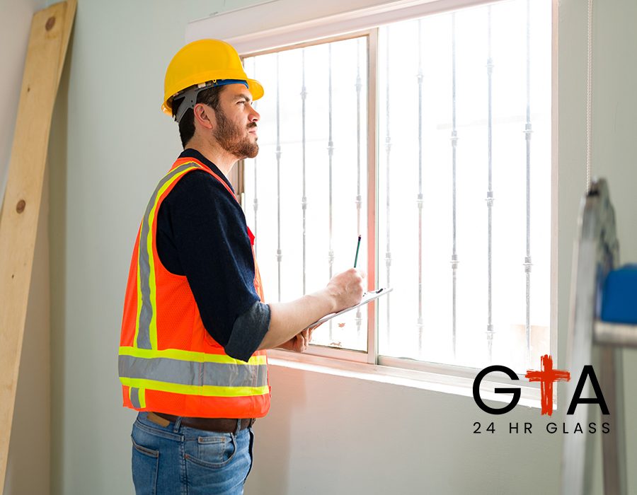 Focused inspection expert with a safety helmet checking the quality of the windows and walls in the construction site