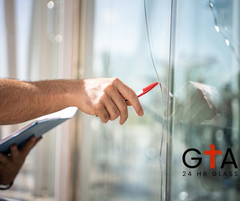 glass broken from a house by an accident, man checking to repair