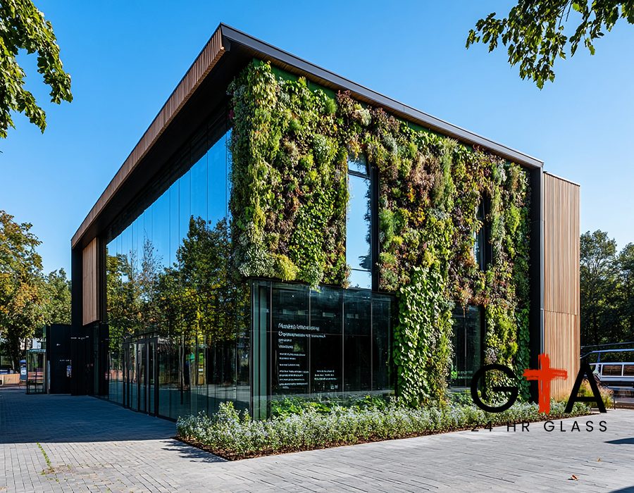 Modern building with a living wall plants trees glass exterior s