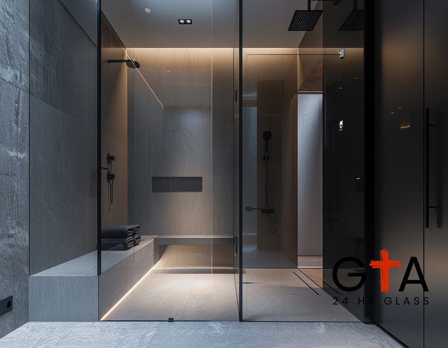 The image features a contemporary shower area with a minimalist design, showcasing a large, clear glass partition. realistic photo --ar 7:4 Job ID: eac9b2d7-ba1e-4f65-989a-d548f6822db8