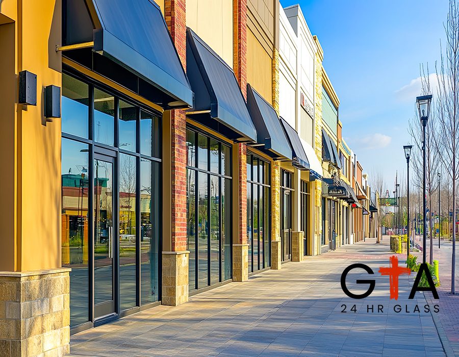 Row of storefronts with large glass windows.
