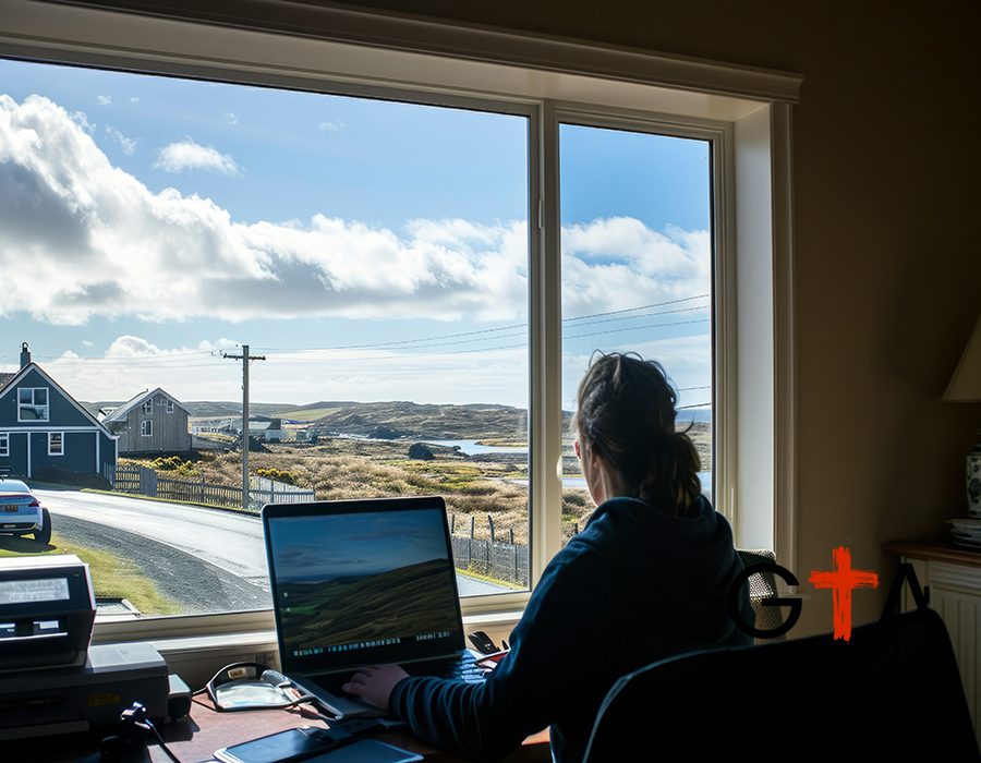 epic photo of young person is working remotely with heavenly views outside the window --chaos 15 --ar 3:2 --stylize 50 --v 6 Job ID: 68f4f697-99ee-46ed-bfe1-e52fb4761acb