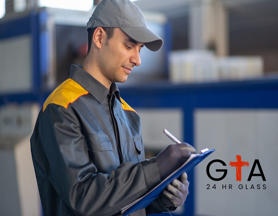 Smiling industrial worker writing on a document