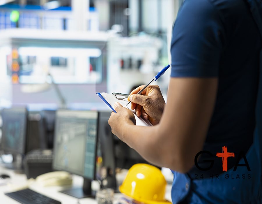 Solar panel manufacturing plant researcher taking notes on files, developing new solar energy systems prototypes. Engineer inspecting new photovoltaics materials, writing down info.
