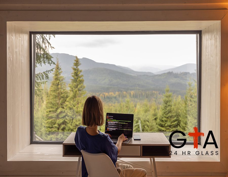 Woman works on laptop while sitting by the table in front of panoramic window with great view on mountains. Remote work and escaping to nature concept