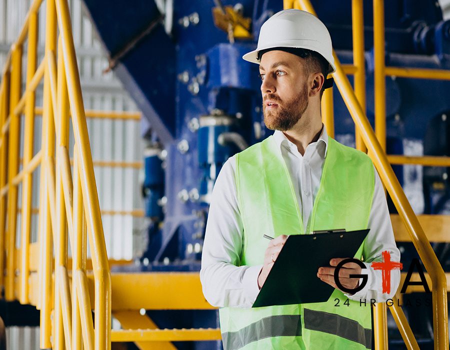 Workman in a factory writing notes