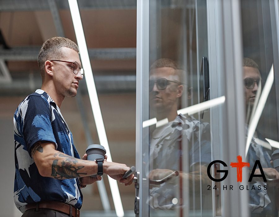 Side view of modern businessman opening door holding reusable cup with coffee while walking into office room in coworking, copy space