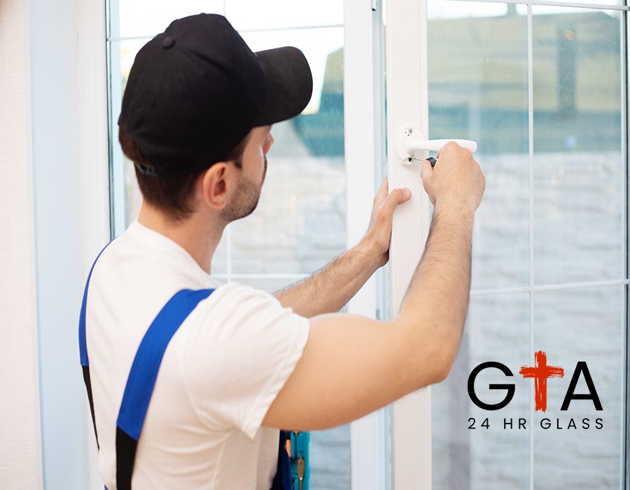 Young professional worker man in uniform suit is installing window with help of tools